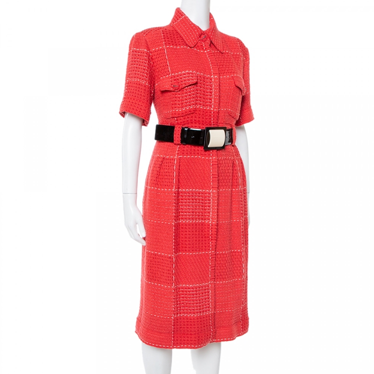 Chanel Red Tweed Belted Midi Dress L Chanel