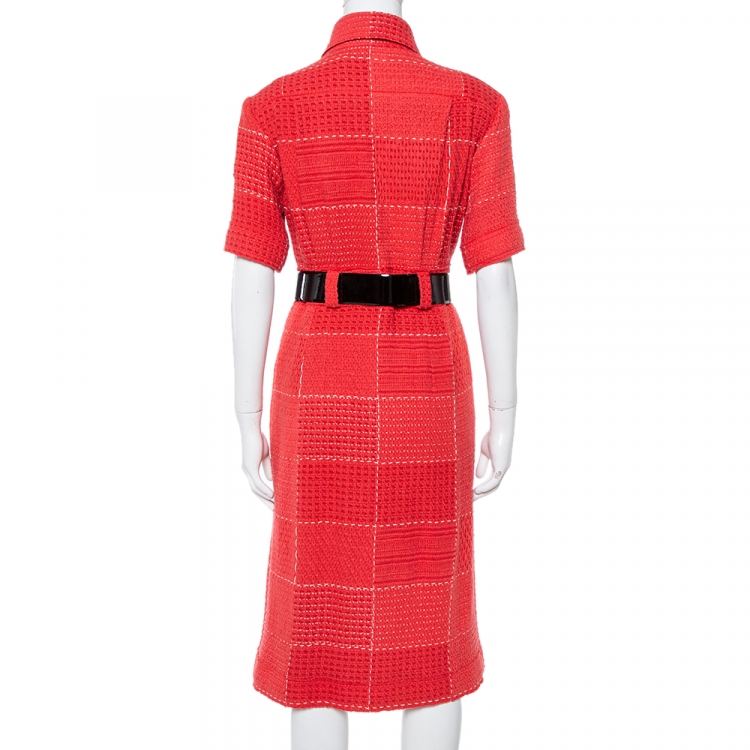 Pre Owned Chanel Red Tweed Belted Midi Dress L