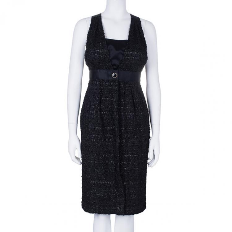 Pre Owned Chanel Black Tweed Metallic Dress M