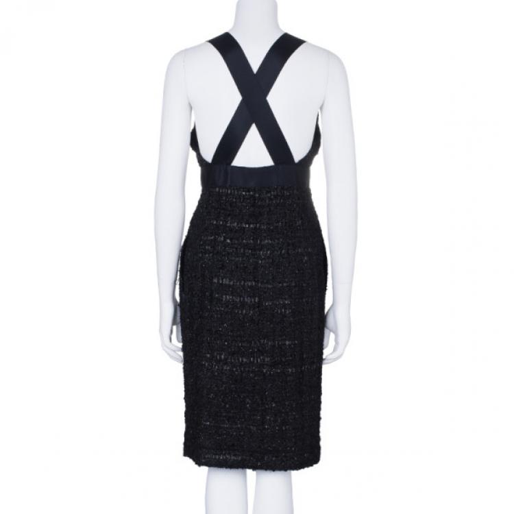 Pre Owned Chanel Black Tweed Metallic Dress M