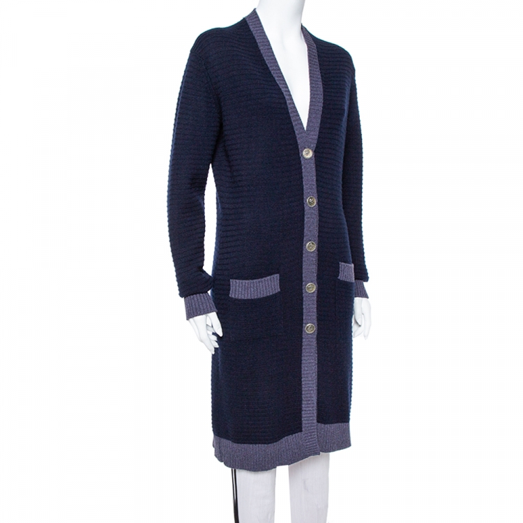 Pre Owned Chanel Navy Blue Cashmere  Long Button Front Cardigan M