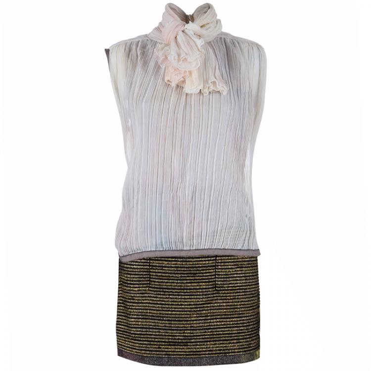 Pre Owned Chanel Metallic Textured Skirt Suit With Pleated Top M