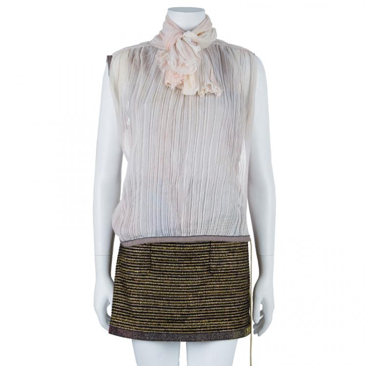 Pre Owned Chanel Metallic Textured Skirt Suit With Pleated Top M