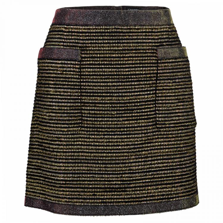 Pre Owned Chanel Metallic Textured Skirt Suit With Pleated Top M