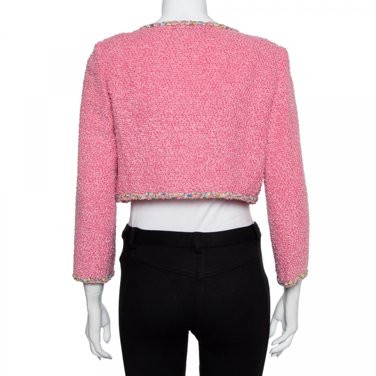 Pre Owned Chanel Pink Tweed Open Front Cropped Jacket M
