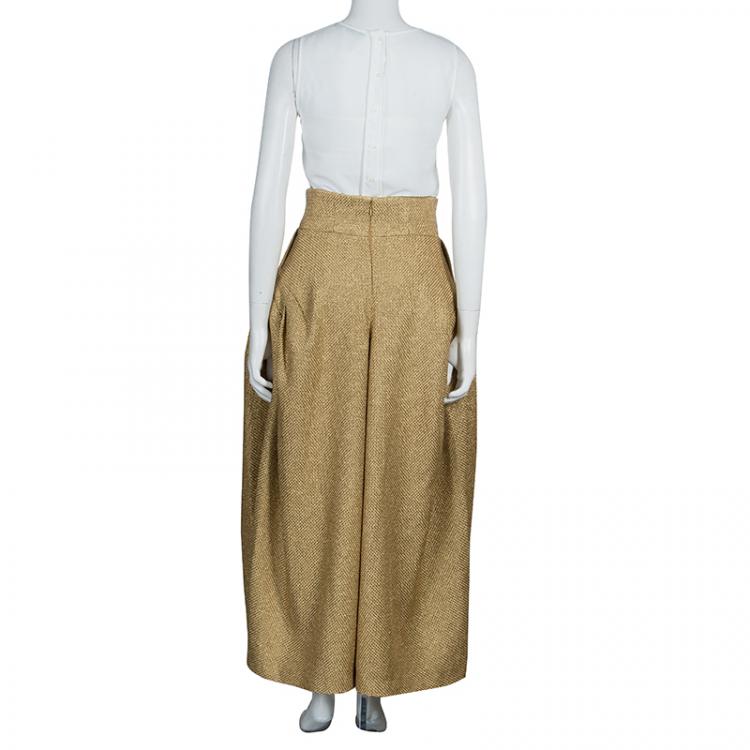 Pre Owned Chanel Gold Basket Weave High Waist Palazzo Pants M