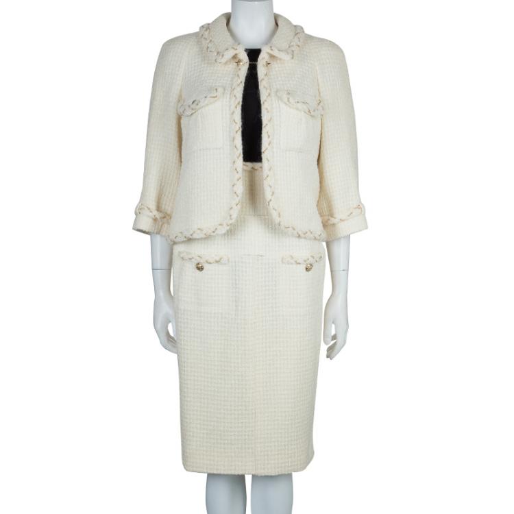 Pre Owned Chanel Cream Wool Textured Skirt Suit L