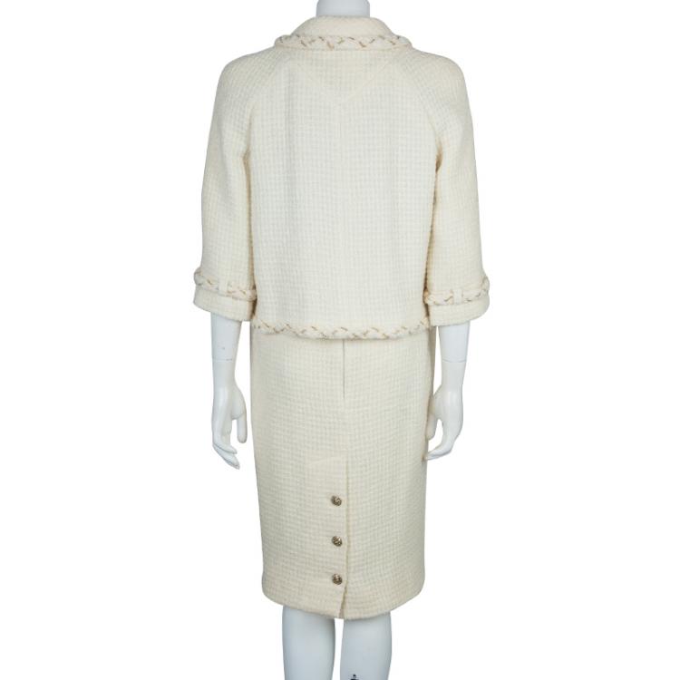 Pre Owned Chanel Cream Wool Textured Skirt Suit L