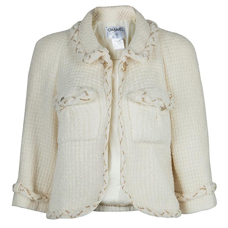 Pre Owned Chanel Cream Wool Textured Skirt Suit L