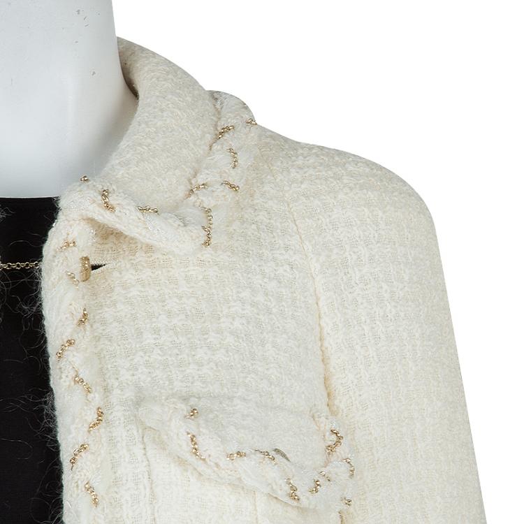 Pre Owned Chanel Cream Wool Textured Skirt Suit L