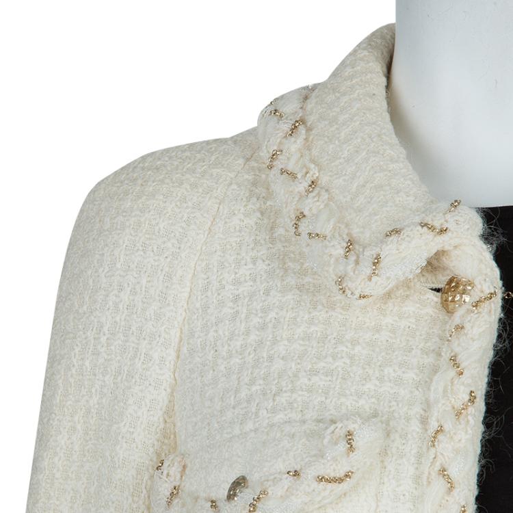 Pre Owned Chanel Cream Wool Textured Skirt Suit L