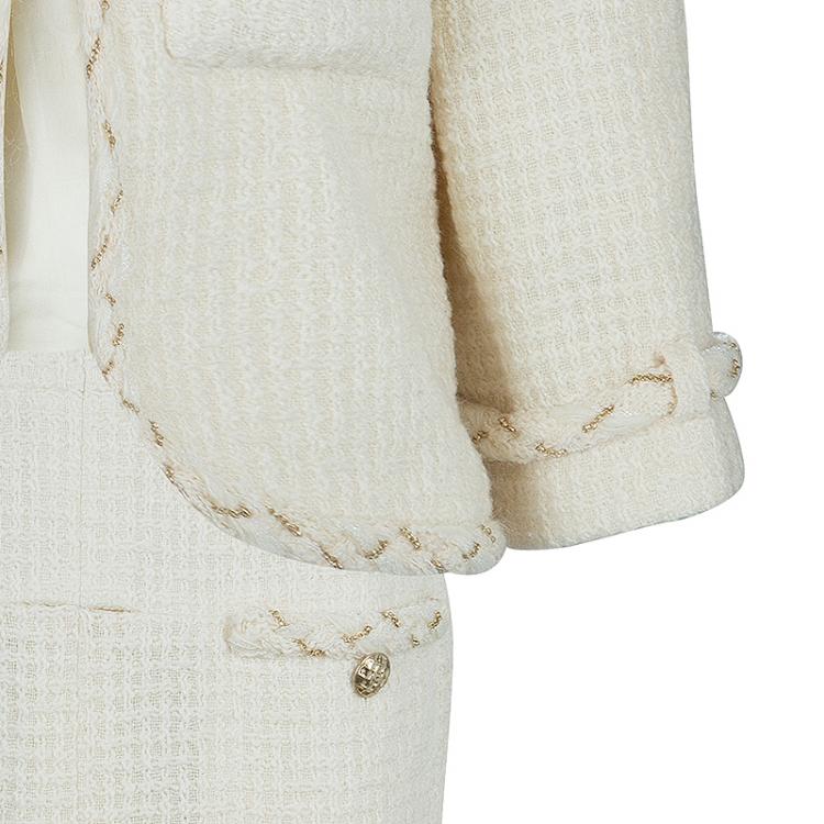 Pre Owned Chanel Cream Wool Textured Skirt Suit L