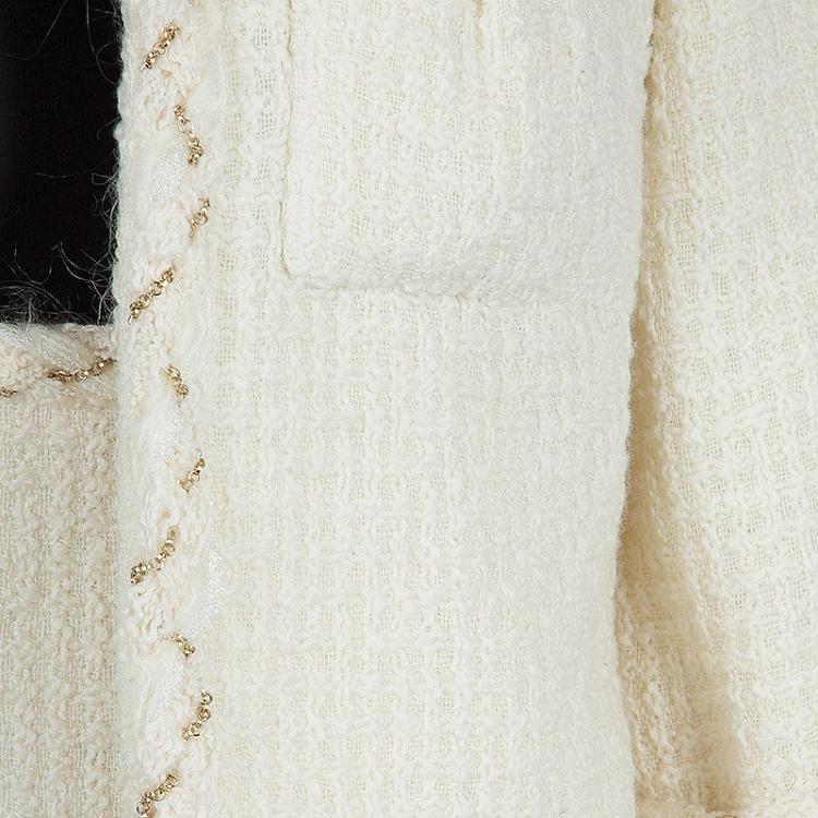 Pre Owned Chanel Cream Wool Textured Skirt Suit L