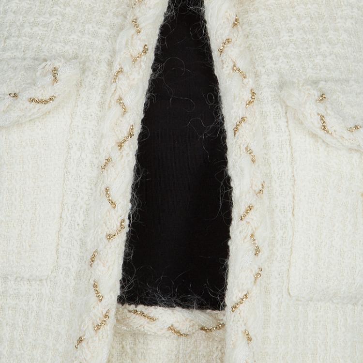 Pre Owned Chanel Cream Wool Textured Skirt Suit L