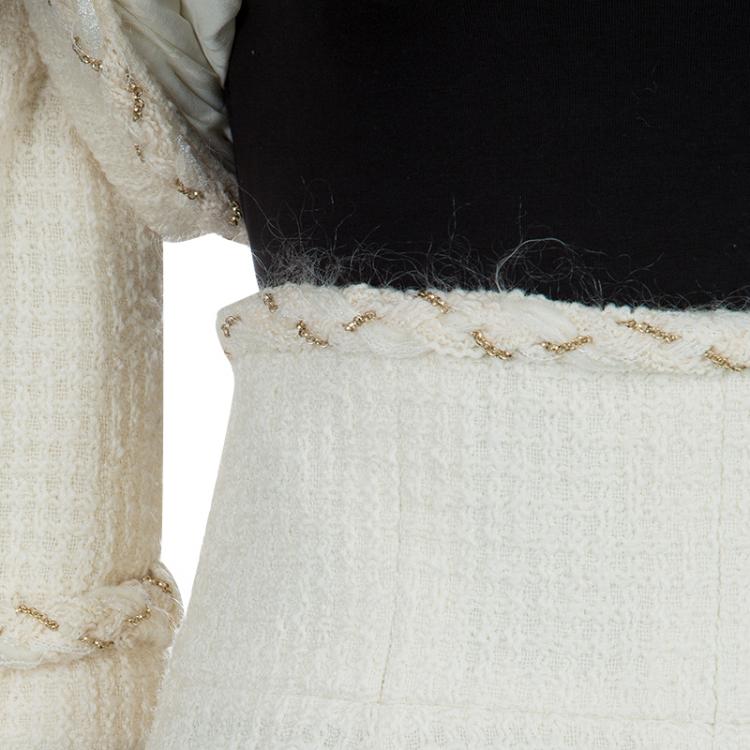 Pre Owned Chanel Cream Wool Textured Skirt Suit L