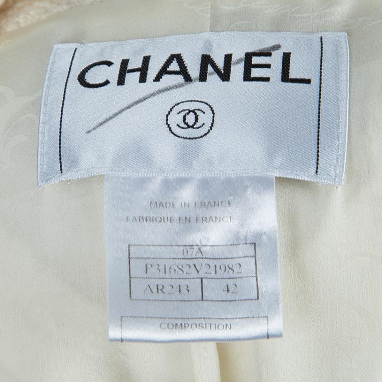 Pre Owned Chanel Cream Wool Textured Skirt Suit L