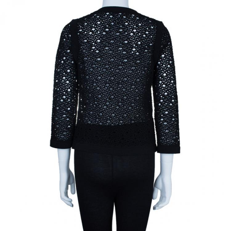 Pre Owned Chanel Black Crochet Knit Cardigan M
