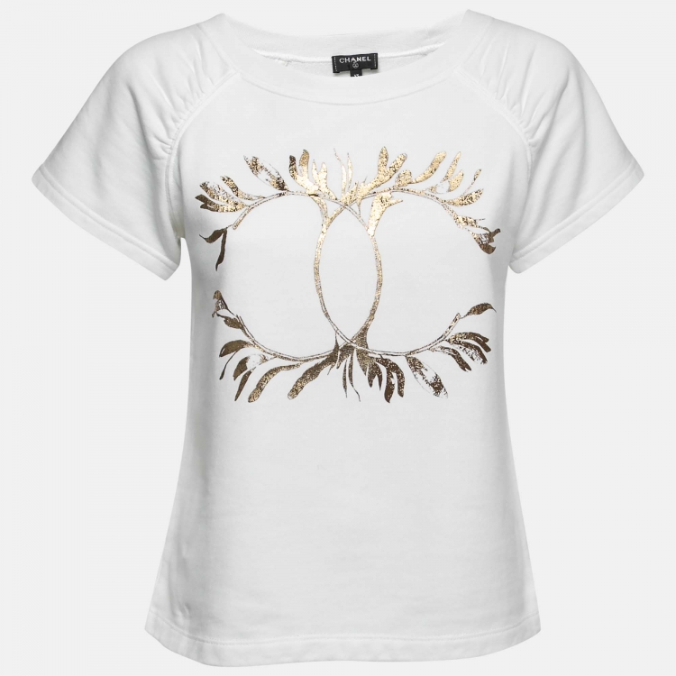 مملوكة مسبقًا Chanel White Cotton Logo Printed Short Sleeve T-Shirt XS