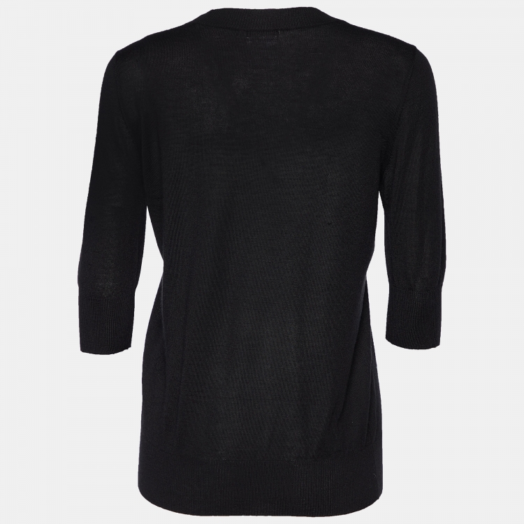 Pre Owned Chanel Black Logo Embellished Cashmere & Silk Round Neck Sweater M