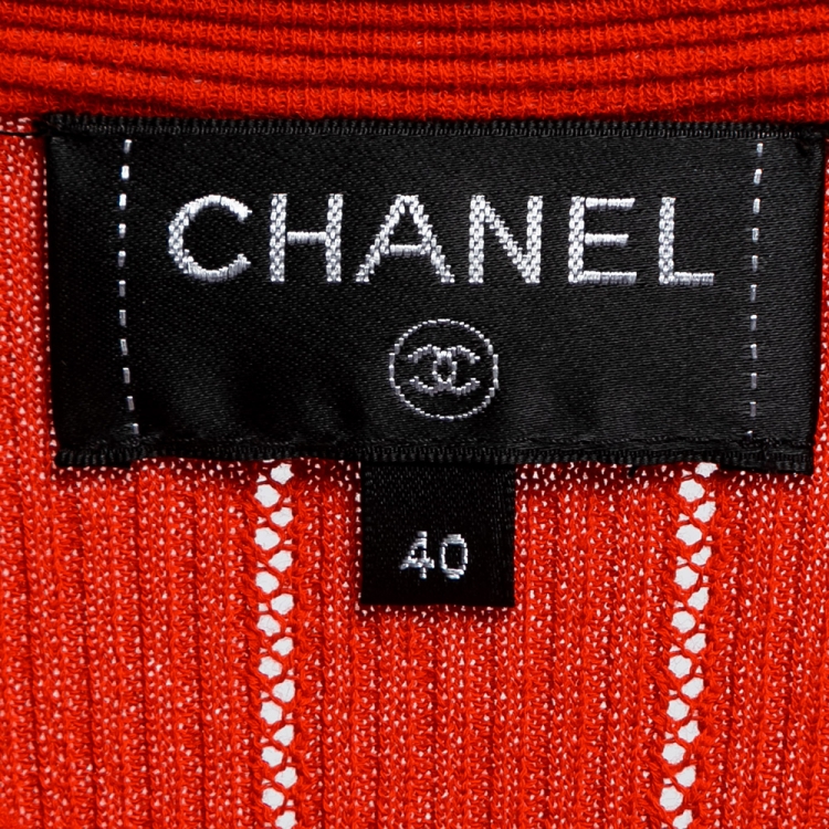 Pre Owned Chanel Red Floral Printed Stretch Knit Zip-Up Midi Dress M