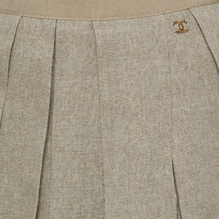 Pre Owned Chanel Tan Brown Linen Pleated Mini Skirt M