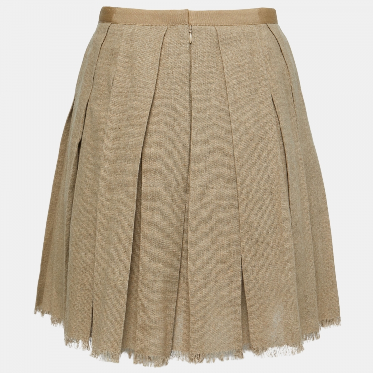 Pre Owned Chanel Tan Brown Linen Pleated Mini Skirt M