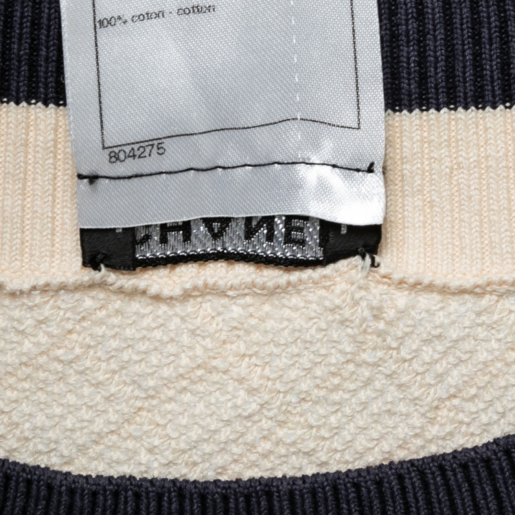 Pre Owned Chanel Cream & Blue Contrast Knit Pullover Top L