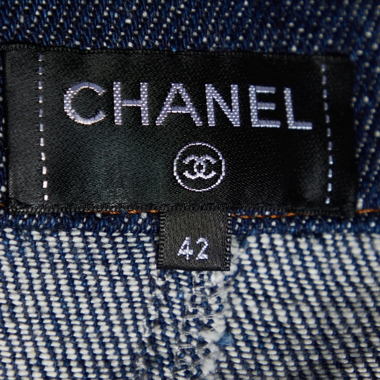 Pre Owned Chanel Indigo Denim Coco Applique A-Line Skirt L