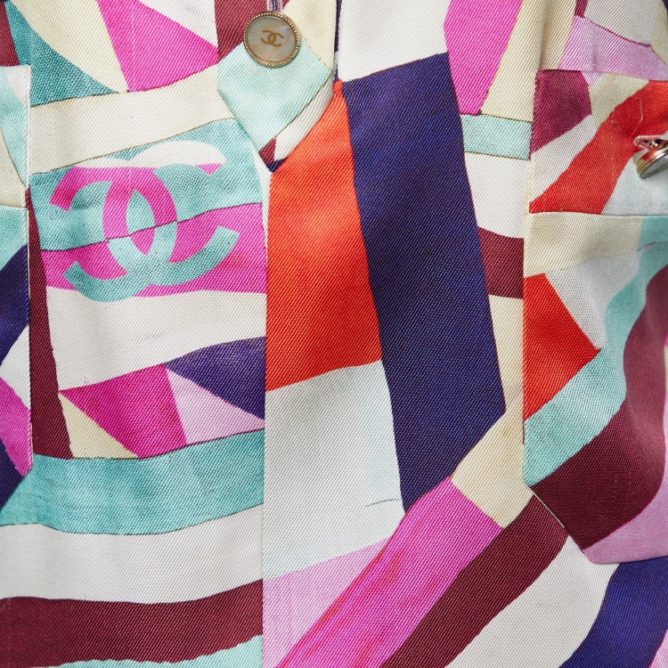 Pre Owned Chanel Multicolor Stripe Print Silk Blouse M