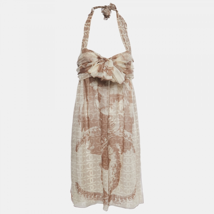 Pre Owned Chanel Brown Printed Silk Chiffon Knot-Detail Mini Dress M