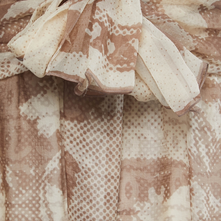 Pre Owned Chanel Brown Printed Silk Chiffon Knot-Detail Mini Dress M
