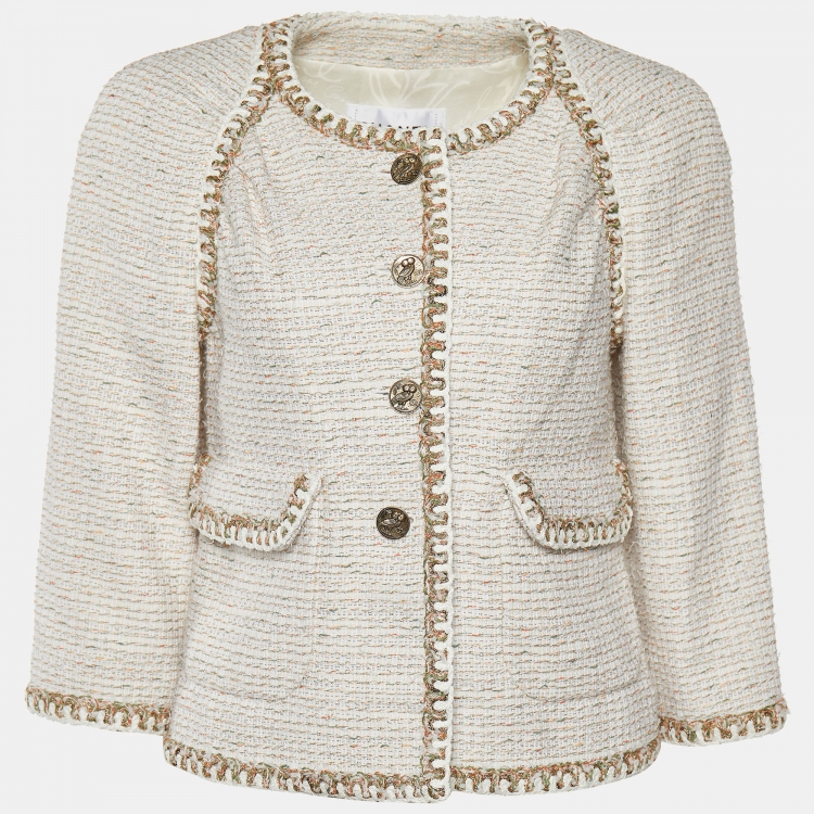 Pre Owned Chanel White Tweed Button Front Jacket M