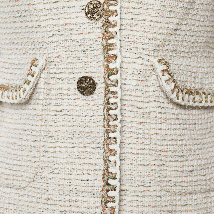 Pre Owned Chanel White Tweed Button Front Jacket M