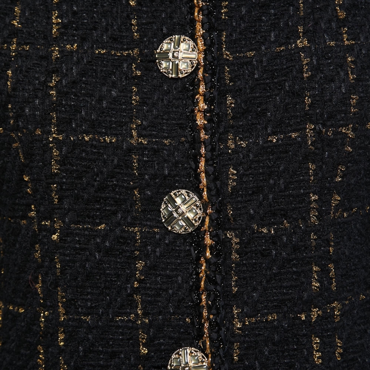 Pre Owned Chanel Black & Gold Tweed Braided-Trim Jacket M