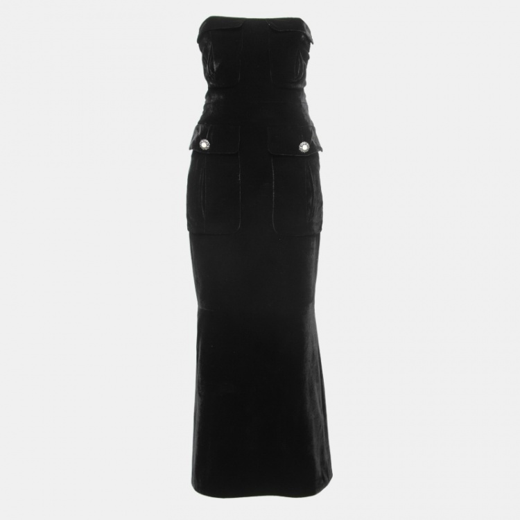 Pre Owned Chanel Monochrome Velvet Strapless Dress M