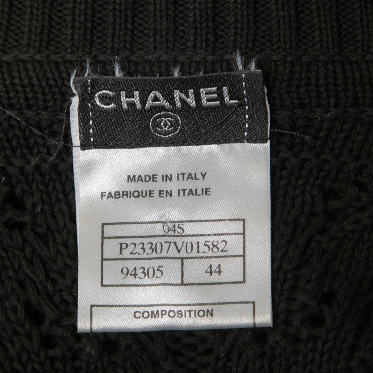 Pre Owned Chanel Black Crochet Knit Collared Cardigan L