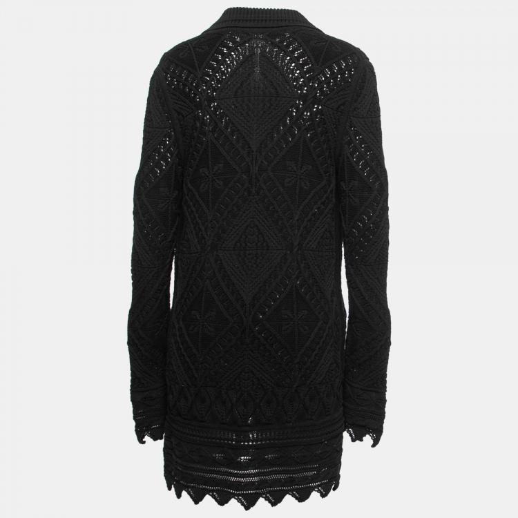 Pre Owned Chanel Black Crochet Knit Collared Cardigan L