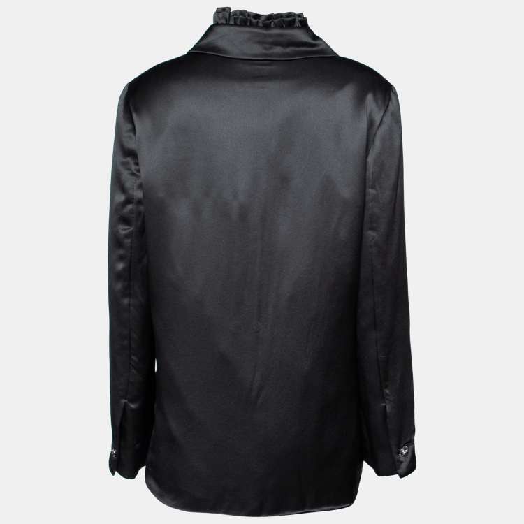 Pre Owned Chanel Black Satin Ruffle Neck Button Front Shirt L
