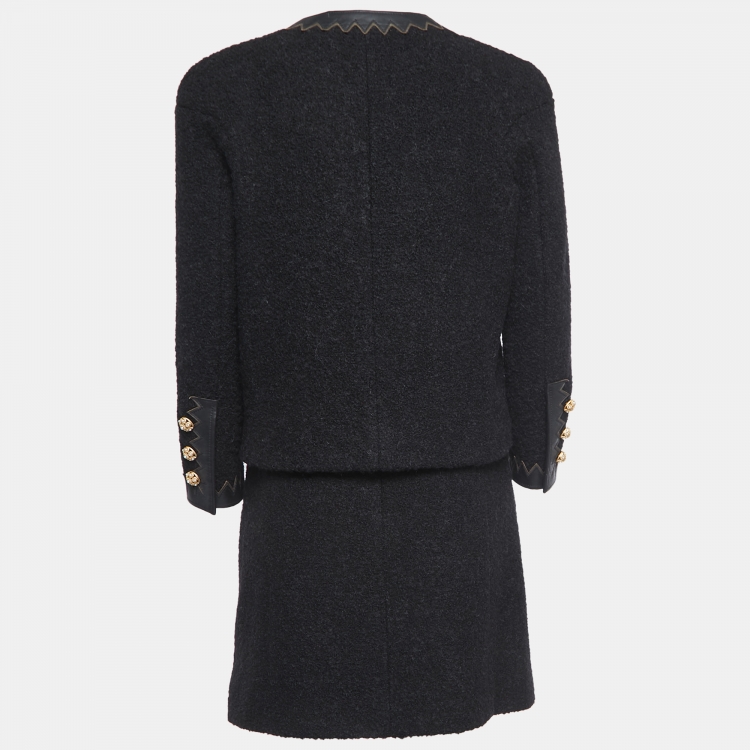 Pre Owned Chanel Black Boucle Wool Leather Trimmed Salzburg Skirt Suit M