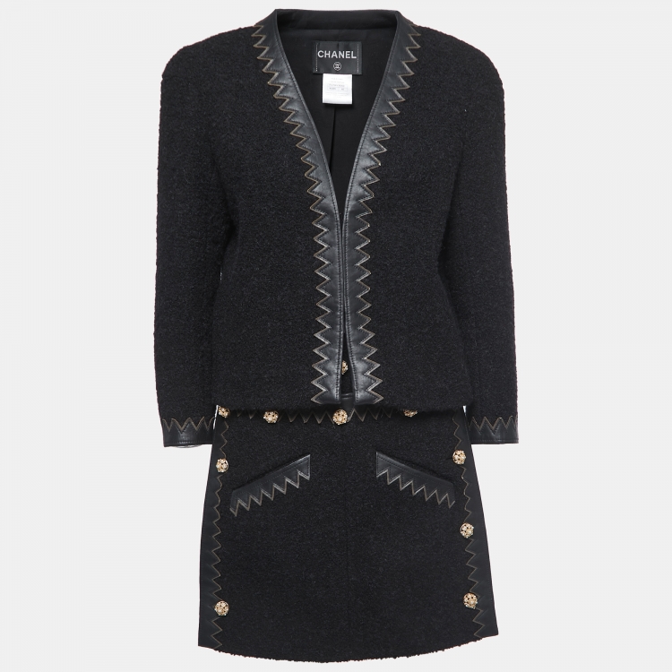 Pre Owned Chanel Black Boucle Wool Leather Trimmed Salzburg Skirt Suit M