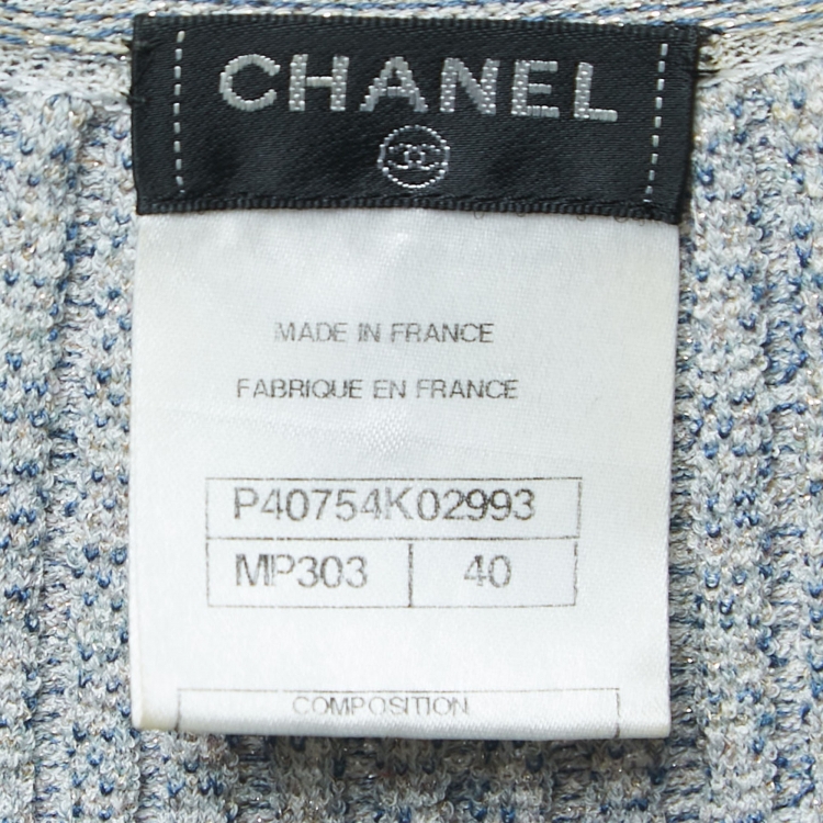 Pre Owned Chanel Blue/Grey Metallic Ribbed Knit Sleeveless Midi Dress L