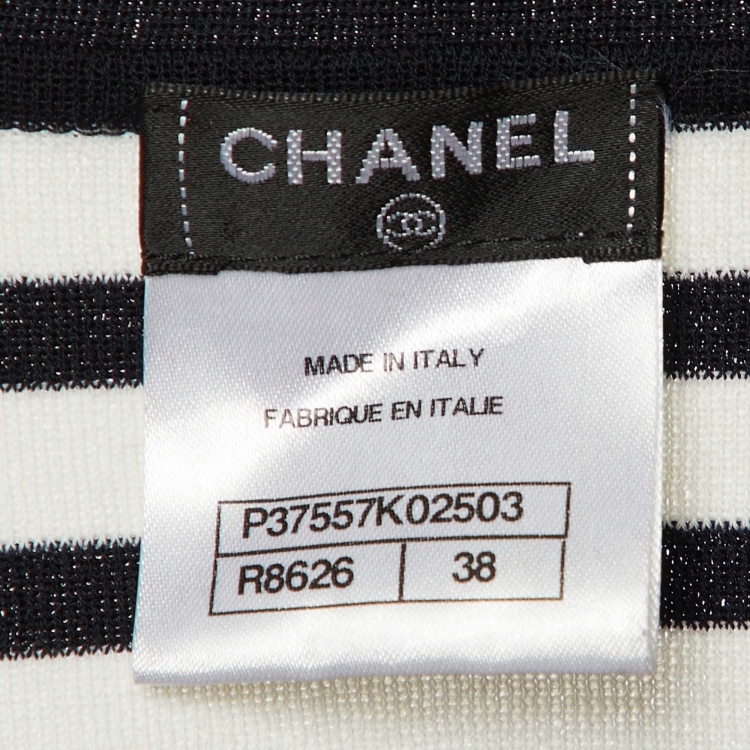 Pre Owned Chanel Black & White Striped Cotton Knit Cardigan M