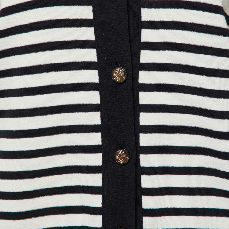 Pre Owned Chanel Black & White Striped Cotton Knit Cardigan M