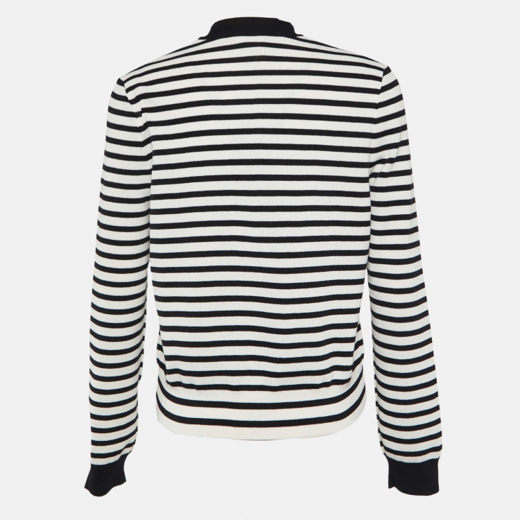 Pre Owned Chanel Black & White Striped Cotton Knit Cardigan M