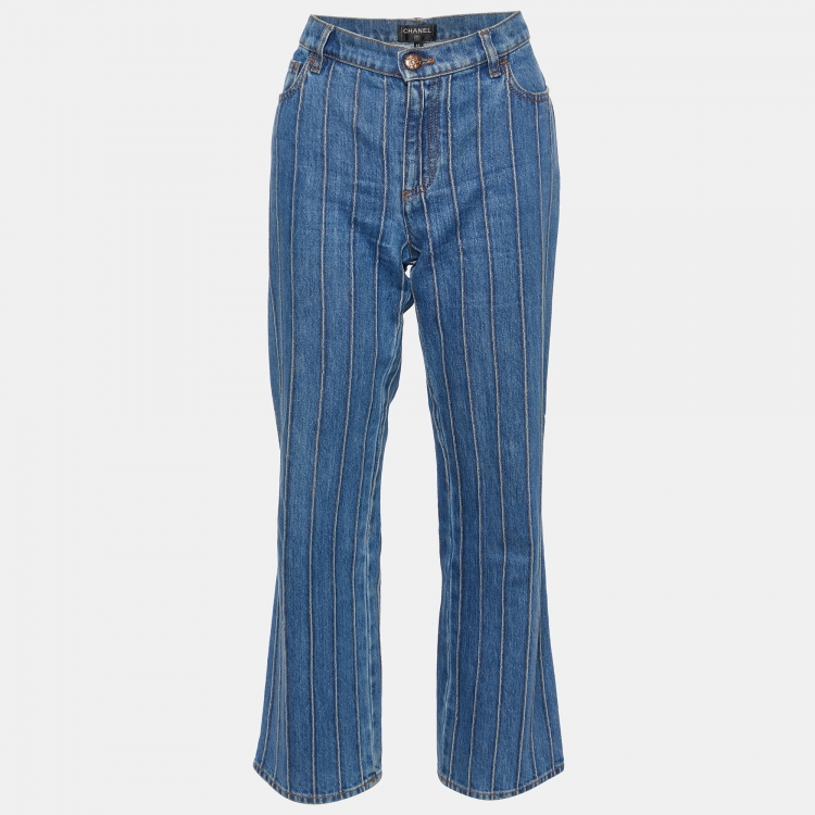 Pre Owned Chanel Blue Denim Paneled Parallel Jeans M