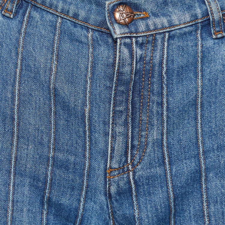 Pre Owned Chanel Blue Denim Paneled Parallel Jeans M