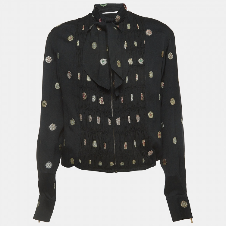 Pre Owned Chanel Black Patterned Silk Zip Front Neck Tie Blouse S