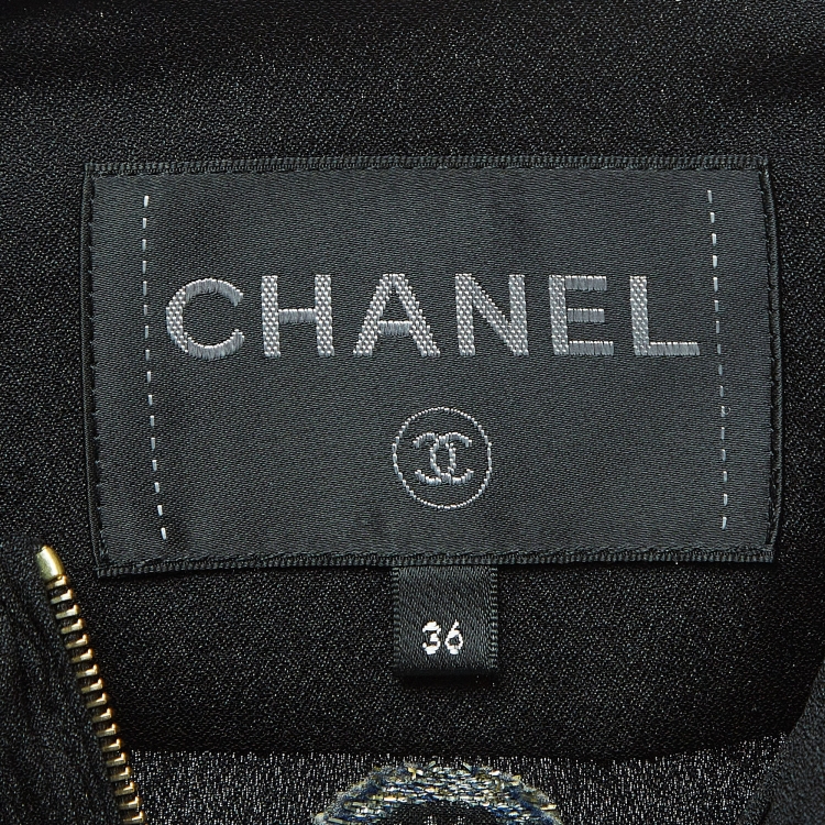 Pre Owned Chanel Black Patterned Silk Zip Front Neck Tie Blouse S