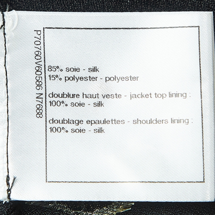 Pre Owned Chanel Black Patterned Silk Zip Front Neck Tie Blouse S