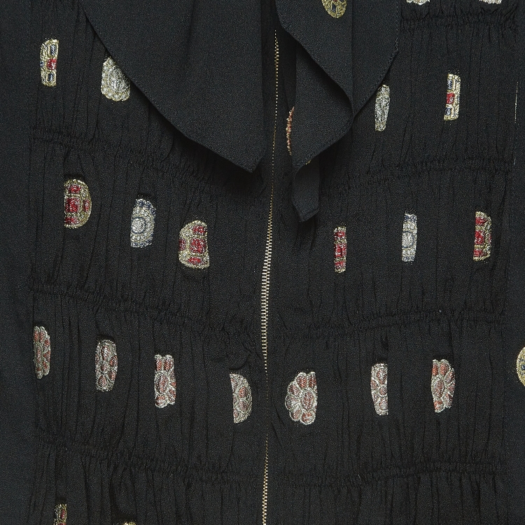 Pre Owned Chanel Black Patterned Silk Zip Front Neck Tie Blouse S